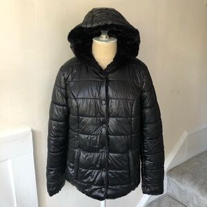 Motto Black Hooded Reversible Faux Fur Puffer Coat EUC Size XS
